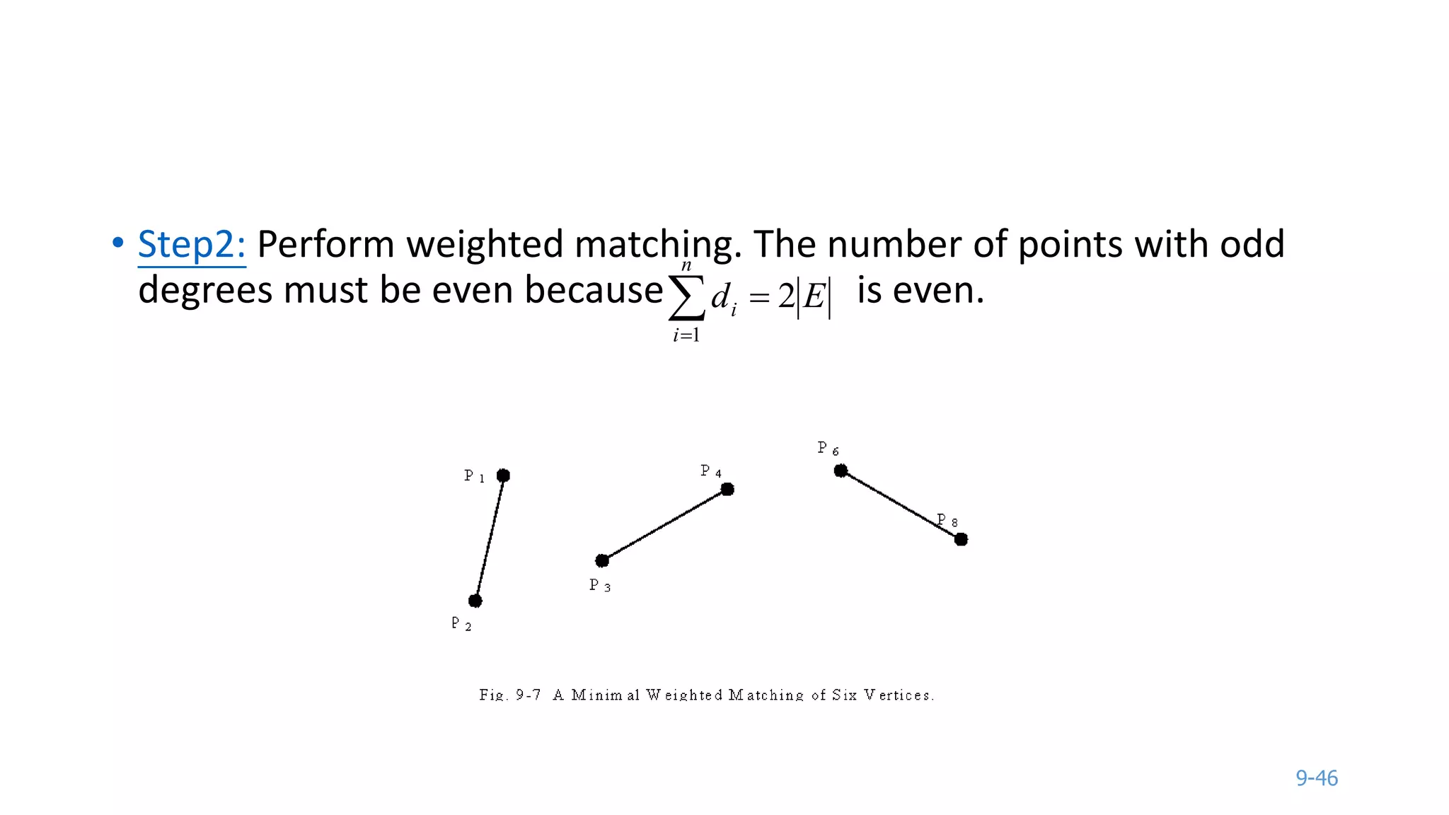 9-46
• Step2: Perform weighted matching. The number of points with odd
degrees must be even because is even.

n
i
i Ed
1
2
 