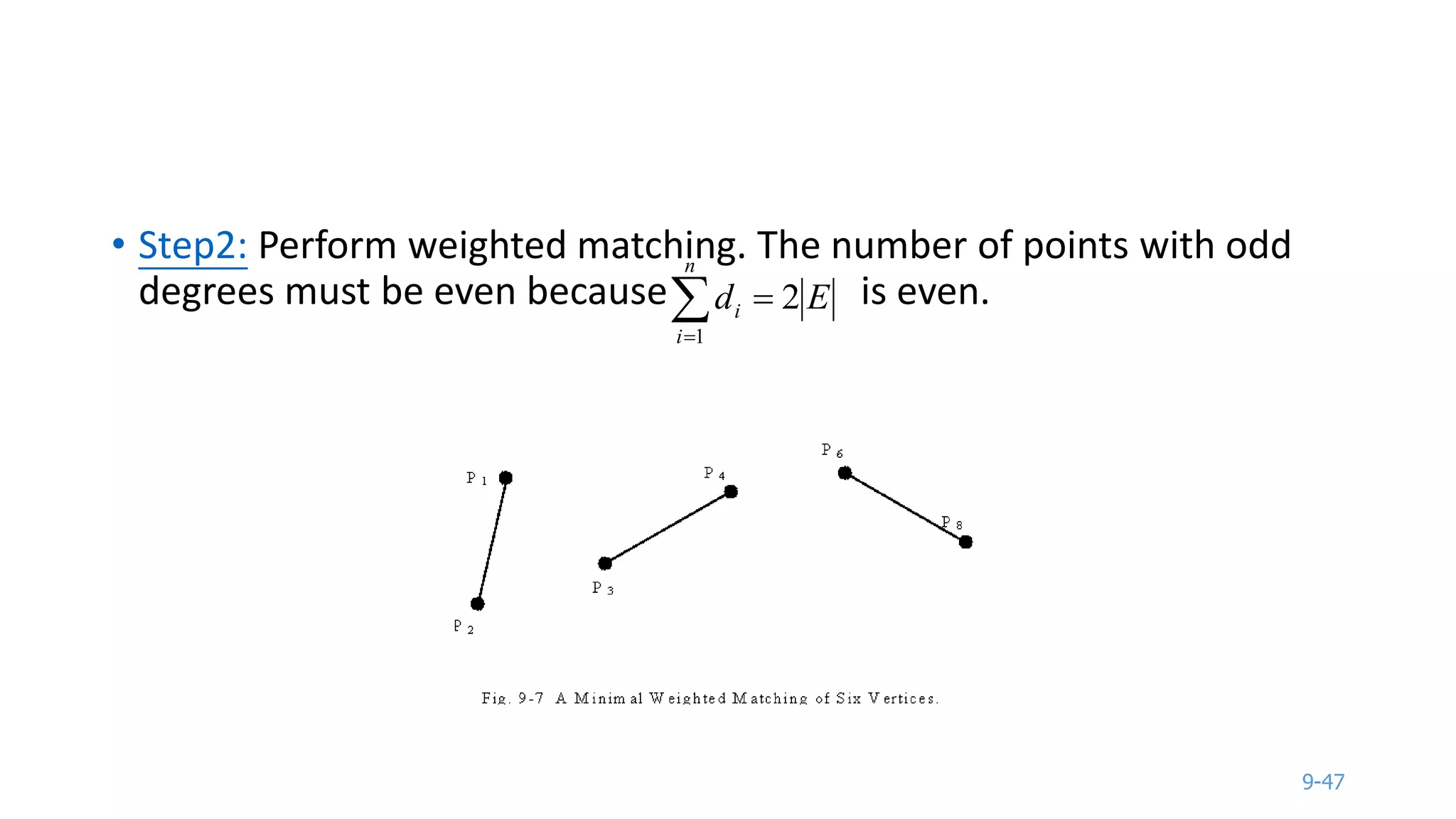9-47
• Step2: Perform weighted matching. The number of points with odd
degrees must be even because is even.

n
i
i Ed
1
2
 