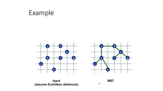 50
h
c
b
a d
e
gf
MST
h
c
b
d
e
gf
Input
(assume Euclidean distances)
a
Example
 