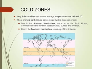 COLD ZONES
 Very little sunshine and annual average temperatures are below 0 ºC.
 There are two cold climate zones located within the polar circles:
 One in the Northern Hemisphere, made up of the Arctic Ocean,
Greenland and the northern coasts of Asia, Europe and America.
 One in the Southern Hemisphere, made up of the Antarctic.
 