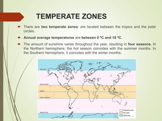 TEMPERATE ZONES
 There are two temperate zones: are located between the tropics and the polar
circles.
 Annual average temperatures are between 0 ºC and 18 ºC.
 The amount of sunshine varies throughout the year, resulting in four seasons. In
the Northern hemisphere, the hot season coincides with the summer months. In
the Southern hemisphere, it coincides with the winter months.
 