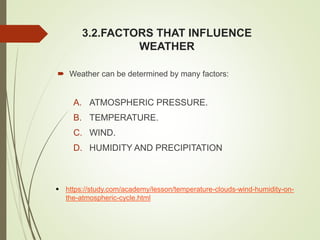 3.2.FACTORS THAT INFLUENCE
WEATHER
 Weather can be determined by many factors:
A. ATMOSPHERIC PRESSURE.
B. TEMPERATURE.
C. WIND.
D. HUMIDITY AND PRECIPITATION
 https://study.com/academy/lesson/temperature-clouds-wind-humidity-on-
the-atmospheric-cycle.html
 
