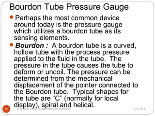 Bourdon Tube Pressure Gauge
5/9/2018kongunadu college of engineering and technology72
Perhaps the most common device
around today is the pressure gauge
which utilizes a bourdon tube as its
sensing elements.
Bourdon : A bourdon tube is a curved,
hollow tube with the process pressure
applied to the fluid in the tube. The
pressure in the tube causes the tube to
deform or uncoil. The pressure can be
determined from the mechanical
displacement of the pointer connected to
the Bourdon tube. Typical shapes for
the tube are “C” (normally for local
display), spiral and helical.
 