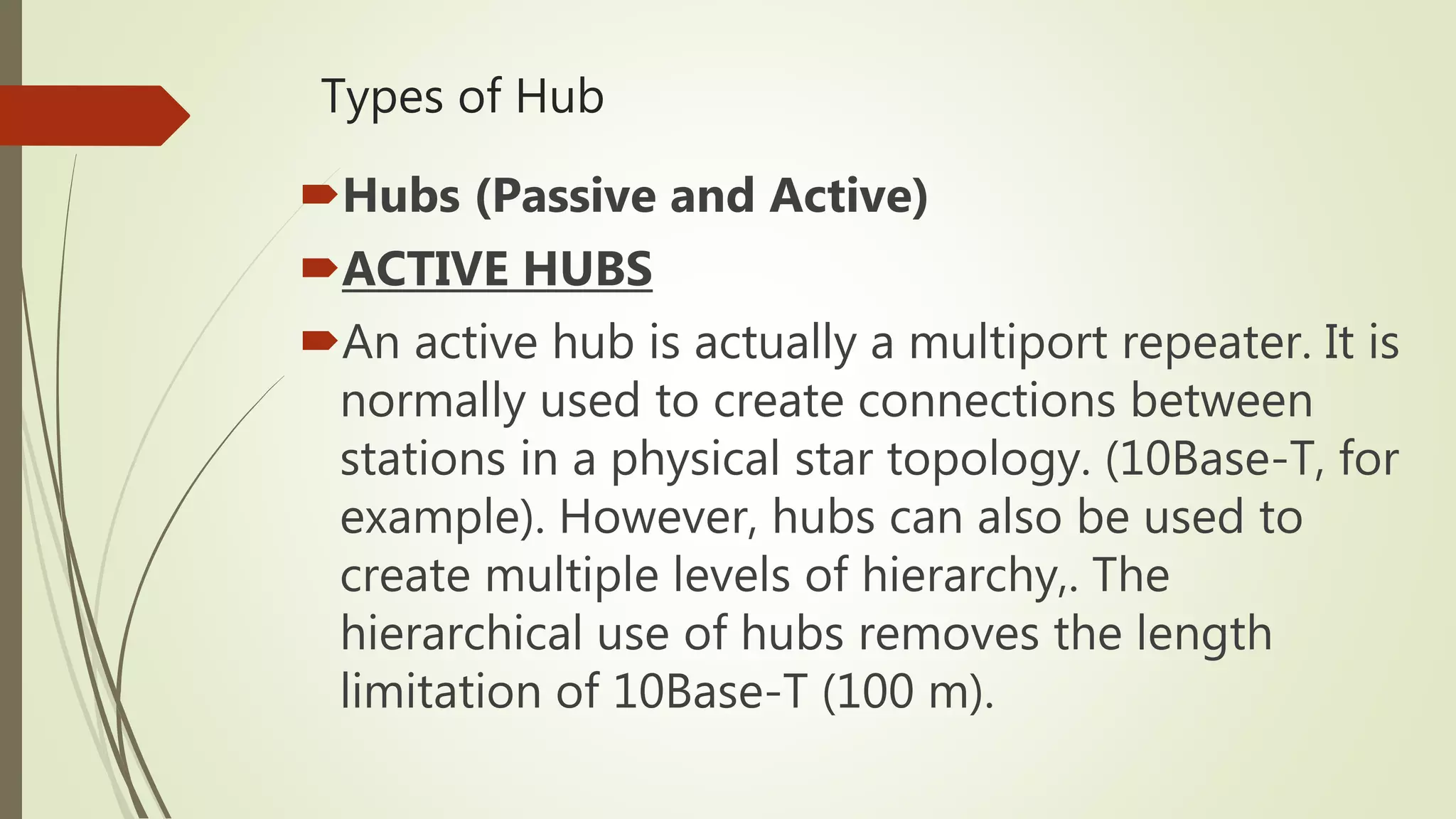 Types of Hub
Hubs (Passive and Active)
ACTIVE HUBS
An active hub is actually a multiport repeater. It is
normally used to create connections between
stations in a physical star topology. (10Base-T, for
example). However, hubs can also be used to
create multiple levels of hierarchy,. The
hierarchical use of hubs removes the length
limitation of 10Base-T (100 m).
 