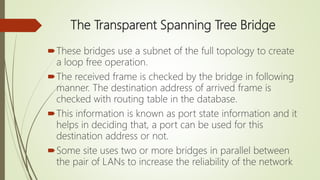The Transparent Spanning Tree Bridge
These bridges use a subnet of the full topology to create
a loop free operation.
The received frame is checked by the bridge in following
manner. The destination address of arrived frame is
checked with routing table in the database.
This information is known as port state information and it
helps in deciding that, a port can be used for this
destination address or not.
Some site uses two or more bridges in parallel between
the pair of LANs to increase the reliability of the network
 