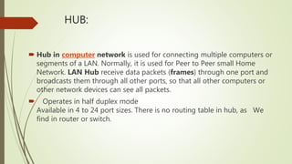 HUB:
 Hub in computer network is used for connecting multiple computers or
segments of a LAN. Normally, it is used for Peer to Peer small Home
Network. LAN Hub receive data packets (frames) through one port and
broadcasts them through all other ports, so that all other computers or
other network devices can see all packets.
 Operates in half duplex mode
Available in 4 to 24 port sizes. There is no routing table in hub, as We
find in router or switch.
 