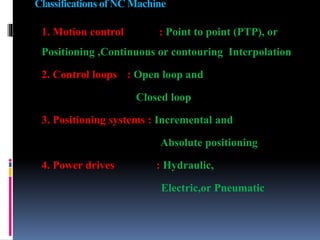 Classifications of NC Machine
1. Motion control : Point to point (PTP), or
Positioning ,Continuous or contouring Interpolation
2. Control loops : Open loop and
Closed loop
3. Positioning systems : Incremental and
Absolute positioning
4. Power drives : Hydraulic,
Electric,or Pneumatic
 