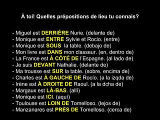 À toi! Quelles prépositions de lieu tu connais? - Miguel est  DERRIÈRE  Nurie. (delante de) - Monique est  ENTRE  Sylvie et Rocio. (entre) - Monique est  SOUS   la table. (debajo de) - Mon livre est  DANS  mon classeur. (en, dentro de) - La France est  À CÔTÉ DE  l’Espagne. (al lado de) - Je suis  DEVANT  Nathalie. (delante de) - Ma trousse est  SUR  la table. (sobre, encima de) - Charles est  À GAUCHE DE  Rocío. (a la izqda de) - Irène est  À DROITE DE  Raoul. (a la dcha de) - Margaux est  LÀ-BAS . (allí) - Monique est  ICI . (aquí) - Toulouse est  LOIN DE  Tomelloso. (lejos de) - Manzanares est  PRÈS DE  Tomelloso. (cerca de) 