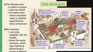 THE MOSQUEThe Mosque was:
a place of prayer
used as school
the place were
where important
news or political
appointments
were announced.
All mosques:
 are cube-
shapped, like the
Kaaba.
share the same
structure, which
was inpired by
Muhammad’s
 