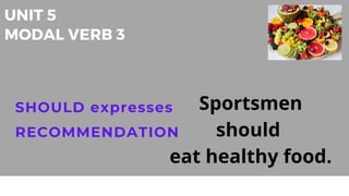 UNIT 5
MODAL VERB 3
SHOULD expresses
RECOMMENDATION
Sportsmen
should
eat healthy food.
 