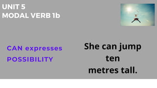 UNIT 5
MODAL VERB 1b
CAN expresses
POSSIBILITY
She can jump
ten
metres tall.
 