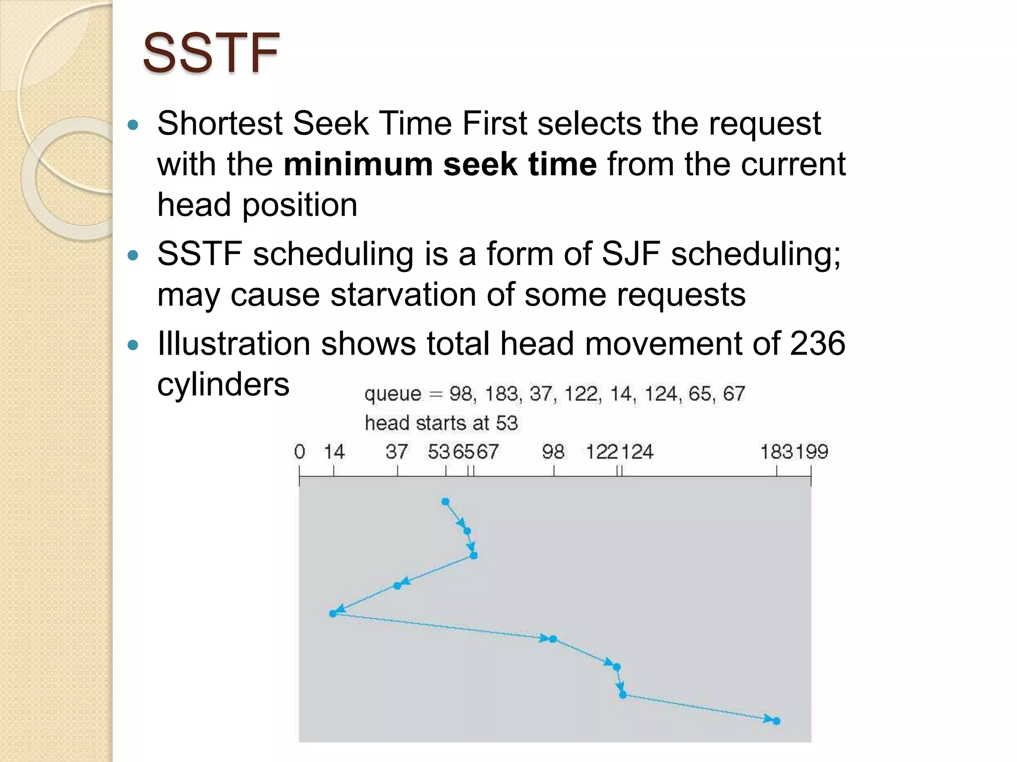 SSTF
 Shortest Seek Time First selects the request
with the minimum seek time from the current
head position
 SSTF scheduling is a form of SJF scheduling;
may cause starvation of some requests
 Illustration shows total head movement of 236
cylinders
 