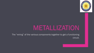 METALLIZATION
The “wiring” of the various components together to get a functioning
circuit.
 