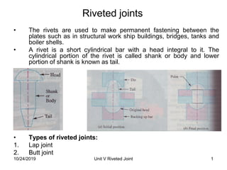 Riveted joints
• The rivets are used to make permanent fastening between the
plates such as in structural work ship buildings, bridges, tanks and
boiler shells.
• A rivet is a short cylindrical bar with a head integral to it. The
cylindrical portion of the rivet is called shank or body and lower
portion of shank is known as tail.
• Types of riveted joints:
1. Lap joint
2. Butt joint
1Unit V Riveted Joint10/24/2019
 