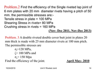 Problem.2 Find the efficiency of the Single riveted lap joint of
6 mm plates with 20 mm diameter rivets having a pitch of 50
mm. the permissible stresses are:-
Tensile stress in plate = 100 MPa
Shearing Stress in rivets= 80 MPa
Crushing stress in rivets = 160 MPa
(Nov- Dec 2011, Nov-Dec 2013)
14Unit V Riveted Joint
Problem. 3 A double riveted double cover butt joint in plates 20
mm thick is made with 25 mm diameter rivets at 100 mm pitch.
The permissible stresses are
σt=120 MPa,
ζ= 100 MPa and
σc= 150 Mpa
Find the efficiency of the joint. April May- 2010
10/24/2019
 