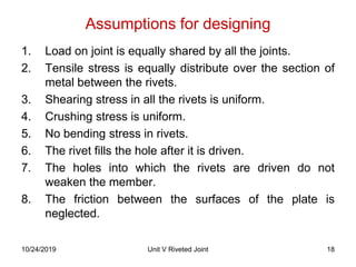 Assumptions for designing
1. Load on joint is equally shared by all the joints.
2. Tensile stress is equally distribute over the section of
metal between the rivets.
3. Shearing stress in all the rivets is uniform.
4. Crushing stress is uniform.
5. No bending stress in rivets.
6. The rivet fills the hole after it is driven.
7. The holes into which the rivets are driven do not
weaken the member.
8. The friction between the surfaces of the plate is
neglected.
18Unit V Riveted Joint10/24/2019
 