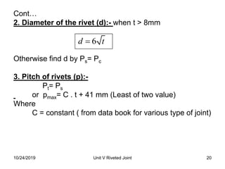 Cont…
2. Diameter of the rivet (d):- when t > 8mm
Otherwise find d by Ps= Pc
3. Pitch of rivets (p):-
Pt= Ps
or pmax= C . t + 41 mm (Least of two value)
Where
C = constant ( from data book for various type of joint)
6d t
20Unit V Riveted Joint10/24/2019
 