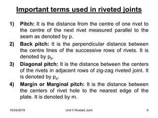 Important terms used in riveted joints
1) Pitch: It is the distance from the centre of one rivet to
the centre of the next rivet measured parallel to the
seam as denoted by p.
2) Back pitch: It is the perpendicular distance between
the centre lines of the successive rows of rivets. It is
denoted by pb.
3) Diagonal pitch: It is the distance between the centers
of the rivets in adjacent rows of zig-zag riveted joint. It
is denoted by pd.
4) Margin or Marginal pitch: It is the distance between
the centers of rivet hole to the nearest edge of the
plate. It is denoted by m.
6Unit V Riveted Joint10/24/2019
 