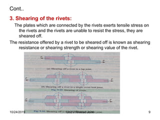 Cont..
3. Shearing of the rivets:
The plates which are connected by the rivets exerts tensile stress on
the rivets and the rivets are unable to resist the stress, they are
sheared off.
The resistance offered by a rivet to be sheared off is known as shearing
resistance or shearing strength or shearing value of the rivet.
9Unit V Riveted Joint10/24/2019
 