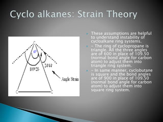  These assumptions are helpful
to understand instability of
cycloalkane ring systems.
 - The ring of cyclopropane is
triangle. All the three angles
are of 600 in place of 109.50
(normal bond angle for carbon
atom) to adjust them into
triangle ring system.
 - In same manner, cyclobutane
is square and the bond angles
are of 900 in place of 109.50
(normal bond angle for carbon
atom) to adjust them into
square ring system.
 