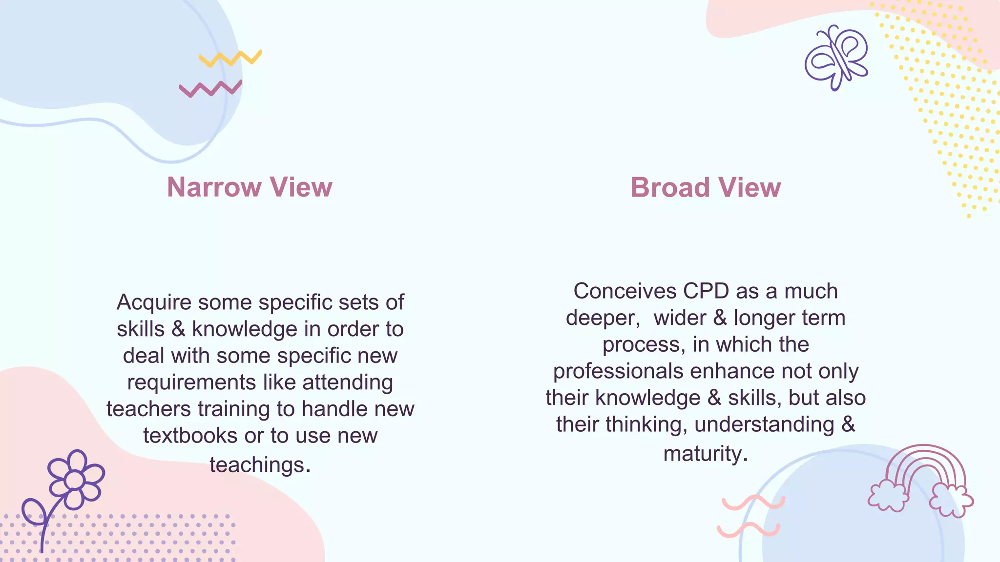 Conceives CPD as a much
deeper, wider & longer term
process, in which the
professionals enhance not only
their knowledge & skills, but also
their thinking, understanding &
maturity.
Narrow View
Acquire some specific sets of
skills & knowledge in order to
deal with some specific new
requirements like attending
teachers training to handle new
textbooks or to use new
teachings.
Broad View
 