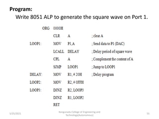 Program:
Write 8051 ALP to generate the square wave on Port 1.
5/25/2021
Kongunadu College of Engineering and
Technology(Autonomous)
55
 