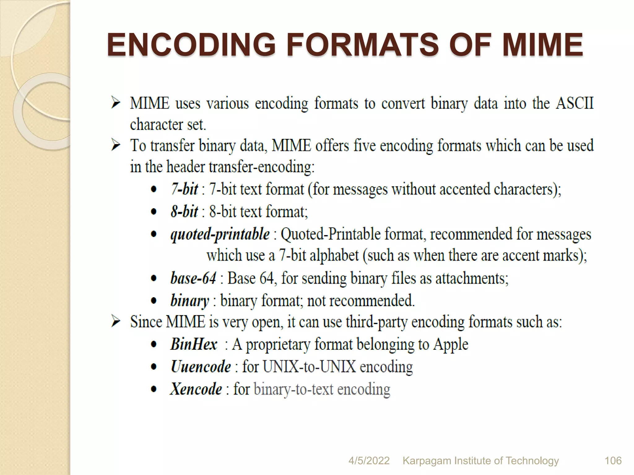 ENCODING FORMATS OF MIME
4/5/2022 Karpagam Institute of Technology 106
 