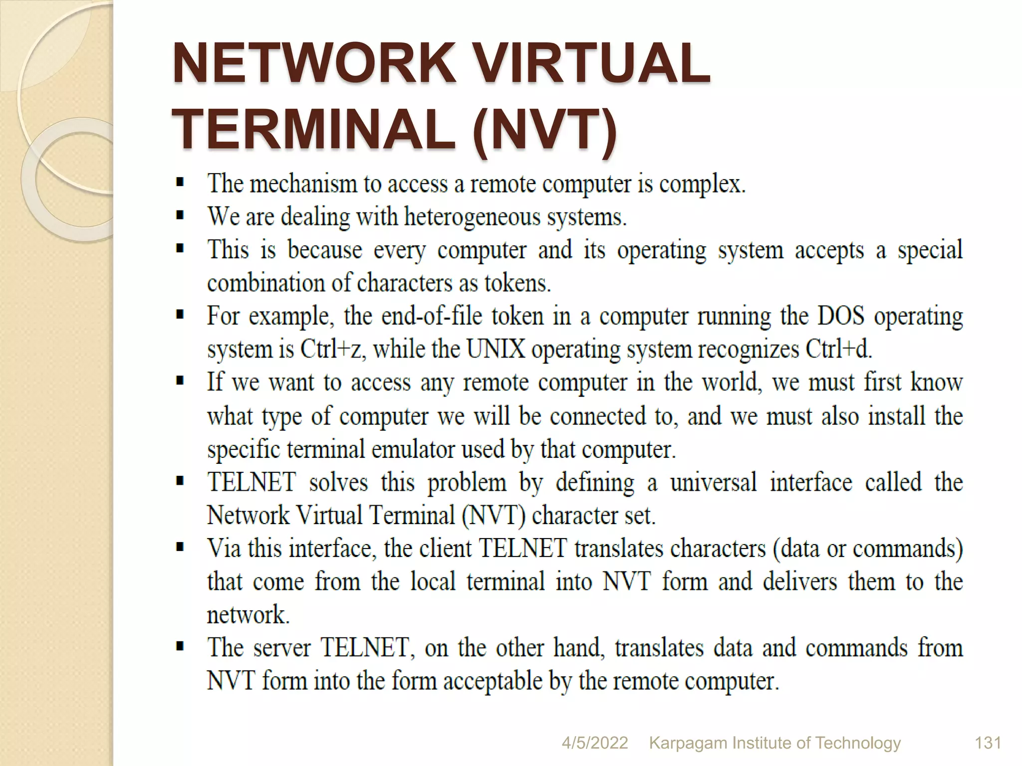 NETWORK VIRTUAL
TERMINAL (NVT)
4/5/2022 Karpagam Institute of Technology 131
 