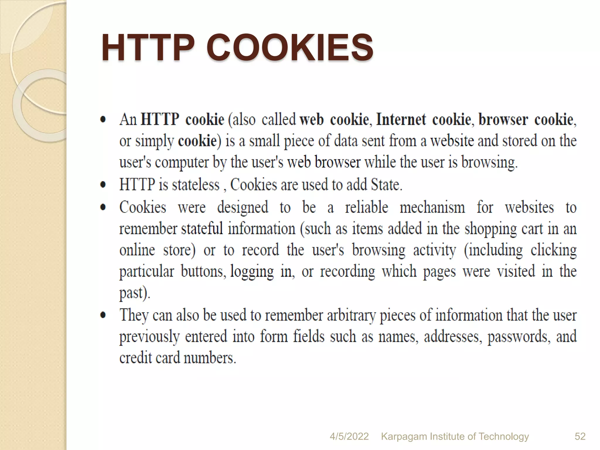 HTTP COOKIES
4/5/2022 Karpagam Institute of Technology 52
 