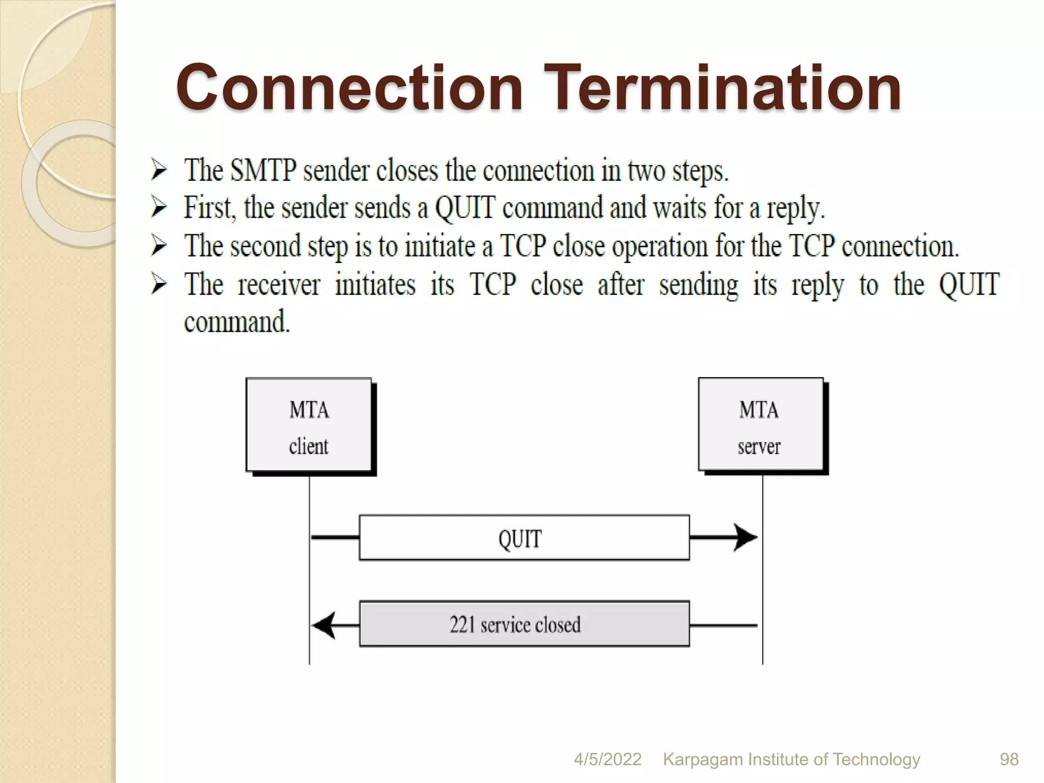 Connection Termination
4/5/2022 Karpagam Institute of Technology 98
 
