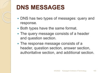 DNS MESSAGES
 DNS has two types of messages: query and
response.
 Both types have the same format.
 The query message consists of a header
and question section.
 The response message consists of a
header, question section, answer section,
authoritative section, and additional section.
4/5/2022 Karpagam Institute of Technology 165
 