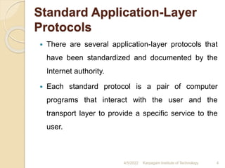 Standard Application-Layer
Protocols
 There are several application-layer protocols that
have been standardized and documented by the
Internet authority.
 Each standard protocol is a pair of computer
programs that interact with the user and the
transport layer to provide a specific service to the
user.
4/5/2022 Karpagam Institute of Technology 4
 