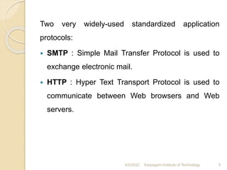 Two very widely-used standardized application
protocols:
 SMTP : Simple Mail Transfer Protocol is used to
exchange electronic mail.
 HTTP : Hyper Text Transport Protocol is used to
communicate between Web browsers and Web
servers.
4/5/2022 Karpagam Institute of Technology 5
 