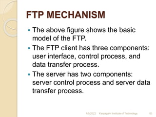 FTP MECHANISM
 The above figure shows the basic
model of the FTP.
 The FTP client has three components:
user interface, control process, and
data transfer process.
 The server has two components:
server control process and server data
transfer process.
4/5/2022 Karpagam Institute of Technology 63
 
