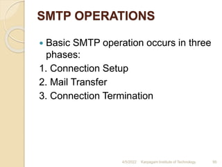 SMTP OPERATIONS
 Basic SMTP operation occurs in three
phases:
1. Connection Setup
2. Mail Transfer
3. Connection Termination
4/5/2022 Karpagam Institute of Technology 95
 