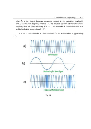 Communication Engineering 5.13
where is the highest frequency component present in the modulating signal xm(t),
and f
 is the peak frequency-deviation—i.e. the maximum deviation of the instantaneous
frequency from the carrier frequency. If h << 1, the modulation is called narrowband FM,
and its bandwidth is approximately m
2f .
If h >> 1 , the modulation is called wideband FM and its bandwidth is approximately
2f .
Fig 5.9
 