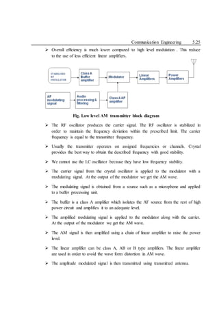 Communication Engineering 5.25
 Overall efficiency is much lower compared to high level modulation . This reduce
to the use of less efficient linear amplifiers.
Fig. Low level AM transmitter block diagram
 The RF oscillator produces the carrier signal. The RF oscillator is stabilized in
order to maintain the frequency deviation within the prescribed limit. The carrier
frequency is equal to the transmitter frequency.
 Usually the transmitter operates on assigned frequencies or channels. Crystal
provides the best way to obtain the described frequency with good stability.
 We cannot use the LC oscillator because they have low frequency stability.
 The carrier signal from the crystal oscillator is applied to the modulator with a
modulating signal. At the output of the modulator we get the AM wave.
 The modulating signal is obtained from a source such as a microphone and applied
to a buffer processing unit.
 The buffer is a class A amplifier which isolates the AF source from the rest of high
power circuit and amplifies it to an adequate level.
 The amplified modulating signal is applied to the modulator along with the carrier.
At the output of the modulator we get the AM wave.
 The AM signal is then amplified using a chain of linear amplifier to raise the power
level.
 The linear amplifier can be class A, AB or B type amplifiers. The linear amplifier
are used in order to avoid the wave form distortion in AM wave.
 The amplitude modulated signal is then transmitted using transmitted antenna.
 