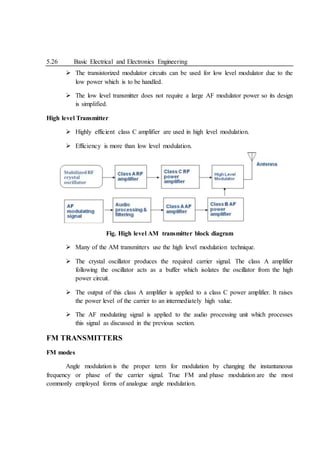 5.26 Basic Electrical and Electronics Engineering
 The transistorized modulator circuits can be used for low level modulator due to the
low power which is to be handled.
 The low level transmitter does not require a large AF modulator power so its design
is simplified.
High level Transmitter
 Highly efficient class C amplifier are used in high level modulation.
 Efficiency is more than low level modulation.
Fig. High level AM transmitter block diagram
 Many of the AM transmitters use the high level modulation technique.
 The crystal oscillator produces the required carrier signal. The class A amplifier
following the oscillator acts as a buffer which isolates the oscillator from the high
power circuit.
 The output of this class A amplifier is applied to a class C power amplifier. It raises
the power level of the carrier to an intermediately high value.
 The AF modulating signal is applied to the audio processing unit which processes
this signal as discussed in the previous section.
FM TRANSMITTERS
FM modes
Angle modulation is the proper term for modulation by changing the instantaneous
frequency or phase of the carrier signal. True FM and phase modulation are the most
commonly employed forms of analogue angle modulation.
 