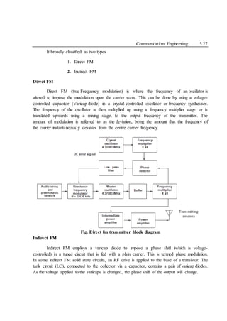 Communication Engineering 5.27
It broadly classified as two types
1. Direct FM
2. Indirect FM
Direct FM
Direct FM (true Frequency modulation) is where the frequency of an oscillator is
altered to impose the modulation upon the carrier wave. This can be done by using a voltage-
controlled capacitor (Varicap diode) in a crystal-controlled oscillator or frequency synthesiser.
The frequency of the oscillator is then multiplied up using a frequency multiplier stage, or is
translated upwards using a mixing stage, to the output frequency of the transmitter. The
amount of modulation is referred to as the deviation, being the amount that the frequency of
the carrier instantaneously deviates from the centre carrier frequency.
Fig. Direct fm transmitter block diagram
Indirect FM
Indirect FM employs a varicap diode to impose a phase shift (which is voltage-
controlled) in a tuned circuit that is fed with a plain carrier. This is termed phase modulation.
In some indirect FM solid state circuits, an RF drive is applied to the base of a transistor. The
tank circuit (LC), connected to the collector via a capacitor, contains a pair of varicap diodes.
As the voltage applied to the varicaps is changed, the phase shift of the output will change.
Transmitting
antenna
 