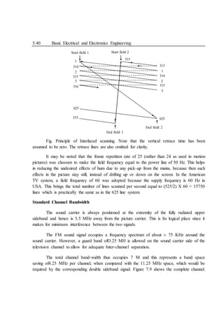 5.40 Basic Electrical and Electronics Engineering
Fig. Principle of Interlaced scanning. Note that the vertical retrace time has been
assumed to be zero. The retrace lines are also omitted for clarity.
It may be noted that the frame repetition rate of 25 (rather than 24 as used in motion
pictures) was choosen to make the field frequency equal to the power line of 50 Hz. This helps
in reducing the undesired effects of hum due to any pick-up from the mains, because then such
effects in the picture stay still, instead of drifting up or down on the screen. In the American
TV system, a field frequency of 60 was adopted because the supply frequency is 60 Hz in
USA. This brings the total number of lines scanned per second equal to (525/2) X 60 = 15750
lines which is practically the same as in the 625 line system.
Standard Channel Bandwidth
The sound carrier is always positioned at the extremity of the fully radiated upper
sideband and hence is 5.5 MHz away from the picture carrier. This is Its logical place since it
makes for minimum interference between the two signals.
The FM sound signal occupies a frequency spectrum of about ± 75 KHz around the
sound carrier. However, a guard band ofO.25 MH is allowed on the sound carrier side of the
television channel to allow for adequate Inter-channel separation.
The total channel band-width thus occupies 7 M and this represents a band space
saving of4.25 MHz per channel, when compared with the 11.25 MHz space, which would be
required by the corresponding double sideband signal. Figure 7.9 shows the complete channel.
Start field 2
313
313
1
314
2
315
3
1
314
2
315
3
316
Start field 1
625
315 625
End field 2
End field 1
 