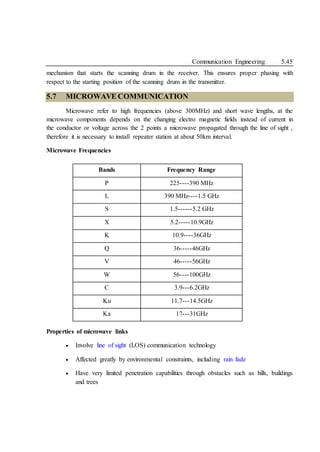 Communication Engineering 5.45
mechanism that starts the scanning drum in the receiver. This ensures proper phasing with
respect to the starting position of the scanning drum in the transmitter.
5.7 MICROWAVE COMMUNICATION
Microwave refer to high frequencies (above 300MHz) and short wave lengths, at the
microwave components depends on the changing electro magnetic fields instead of current in
the conductor or voltage across the 2 points a microwave propagated through the line of sight ,
therefore it is necessary to install repeater station at about 50km interval.
Microwave Frequencies
Bands Frequency Range
P 225----390 MHz
L 390 MHz----1.5 GHz
S 1.5------5.2 GHz
X 5.2-----10.9GHz
K 10.9----36GHz
Q 36-----46GHz
V 46-----56GHz
W 56----100GHz
C 3.9---6.2GHz
Ku 11.7---14.5GHz
Ka 17---31GHz
Properties of microwave links
 Involve line of sight (LOS) communication technology
 Affected greatly by environmental constraints, including rain fade
 Have very limited penetration capabilities through obstacles such as hills, buildings
and trees
 