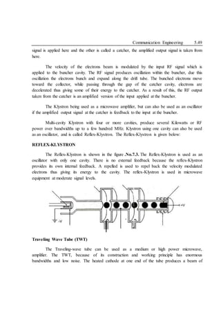 Communication Engineering 5.49
signal is applied here and the other is called a catcher, the amplified output signal is taken from
here.
The velocity of the electrons beam is modulated by the input RF signal which is
applied to the buncher cavity. The RF signal produces oscillation within the buncher, due this
oscillation the electrons bunch and expand along the drift tube. The bunched electrons move
toward the collector, while passing through the gap of the catcher cavity, electrons are
decelerated thus giving some of their energy to the catcher. As a result of this, the RF output
taken from the catcher is an amplified version of the input applied at the buncher.
The Klystron being used as a microwave amplifier, but can also be used as an oscillator
if the amplified output signal at the catcher is feedback to the input at the buncher.
Multi-cavity Klystron with four or more cavities, produce several Kilowatts or RF
power over bandwidths up to a few hundred MHz. Klystron using one cavity can also be used
as an oscillator, and is called Reflex-Klystron. The Reflex-Klystron is given below:
REFLEX-KLYSTRON
The Reflex-Klystron is shown in the figure .No.7.3. The Reflex-Klystron is used as an
oscillator with only one cavity. There is no external feedback because the reflex-Klystron
provides its own internal feedback. A repelled is used to repel back the velocity modulated
electrons thus giving its energy to the cavity. The reflex-Klystron is used in microwave
equipment at moderate signal levels.
Traveling Wave Tube (TWT)
The Traveling-wave tube can be used as a medium or high power microwave,
amplifier. The TWT, because of its construction and working principle has enormous
bandwidths and low noise. The heated cathode at one end of the tube produces a beam of
 