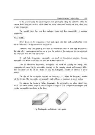Communication Engineering 5.51
In the coaxial cable the electromagnetic field propagates along the dielectric, while the
current flows along the surfaces of the inner and outer conductors because of "skin effect" due
to high frequencies.
The coaxial cable has very low radiation losses and low susceptibility to external
interference.
Wave Guides
Heavy losses in the conductors of twin lead, open wire lines and coaxial cables occur
due to "skin effect' at high microwave frequencies.
Therefore, they are generally not used as transmission lines at such high frequencies.
The skin effect causes current to flow on or near the surface of the conductor, i.e., the center of
the conductor does not carry any current.
At such high frequencies, waveguides are used" as transmission medium. Because
waveguide is a hollow metal structure and has no inner conductor.
Thus at microwave frequencies, waveguides are used for coupling the energy. The
propagation of energy in the waveguides depends on the changing electric and magnetic fields.
The waveguide can be of any shape. It may be rectangular, circular, or elliptical in cross
section.
The size of the waveguide depends on frequency, i.e., higher the frequency, smaller
will be the size. The waveguides are generally made of brass or aluminum to avoid rusting.
To minimize the losses at higher frequencies, the waveguides are silver plated from
inside. The most popular shape is the rectangular waveguide. For comparison rectangular and
circular waveguides are shown in the figure.
Fig. Rectangular and circular wave guide
 