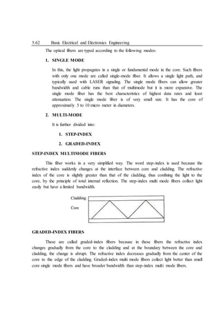 5.62 Basic Electrical and Electronics Engineering
The optical fibers are typed according to the following modes:
1. SINGLE MODE
In this, the light propagates in a single or fundamental mode in the core. Such fibers
with only one mode are called single-mode fiber. It allows a single light path, and
typically used with LASER signaling. The single mode fibers can allow greater
bandwidth and cable runs than that of multimode but it is more expansive. The
single mode fiber has the best characteristics of highest data rates and least
attenuation. The single mode fiber is of very small size. It has the core of
approximatly 5 to 10 micro meter in diameters.
2. MULTI-MODE
It is further divided into:
1. STEP-INDEX
2. GRADED-INDEX
STEP-INDEX MULTIMODE FIBERS
This fiber works in a very simplified way. The word step-index is used because the
refractive index suddenly changes at the interface between core and cladding. The refractive
index of the core is slightly greater than that of the cladding, thus confining the light to the
core, by the principle of total internal reflection. The step-index multi mode fibers collect light
easily but have a limited bandwidth.
GRADED-INDEX FIBERS
These are called graded-index fibers because in these fibers the refractive index
changes gradually from the core to the cladding and at the boundary between the core and
cladding, the change is abrupt. The refractive index decreases gradually from the center of the
core to the edge of the cladding. Graded-index multi mode fibers collect light better than small
core single mode fibers and have broader bandwidth than step-index multi mode fibers.
 