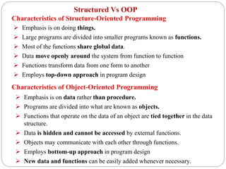 Characteristics of Structure-Oriented Programming
 Emphasis is on doing things.
 Large programs are divided into smaller programs known as functions.
 Most of the functions share global data.
 Data move openly around the system from function to function
 Functions transform data from one form to another
 Employs top-down approach in program design
Characteristics of Object-Oriented Programming
 Emphasis is on data rather than procedure.
 Programs are divided into what are known as objects.
 Functions that operate on the data of an object are tied together in the data
structure.
 Data is hidden and cannot be accessed by external functions.
 Objects may communicate with each other through functions.
 Employs bottom-up approach in program design
 New data and functions can be easily added whenever necessary.
Structured Vs OOP
 