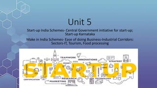 Unit 5
Start-up India Schemes- Central Government initiative for start-up;
Start-up Karnataka
Make in India Schemes- Ease of doing Business-Industrial Corridors:
Sectors-IT, Tourism, Food processing
 