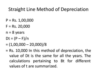Straight Line Method of Depreciation
P = Rs. 1,00,000
F = Rs. 20,000
n = 8 years
Dt = (P – F)/n
= (1,00,000 – 20,000)/8
= Rs. 10,000 In this method of depreciation, the
value of Dt is the same for all the years. The
calculations pertaining to Bt for different
values of t are summarized.
 