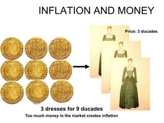 INFLATION AND MONEY
3 dresses for 9 ducades
Too much money in the market creates inflation
Price: 3 ducades
 