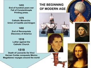 THE BEGINNING
OF MODERN AGE
1453
End of hundred years war
Fall of Constantinople
Printing press.
1476
Catholic Monarchs:
Union of Castille and Aragon
1492
End of Reconquista
Discovery of America
1516
Luther against the
Catholic Church
1519
Death of Leonardo Da Vinci
Hernan Cortés conquests México
Magallanes voyages around the world
 