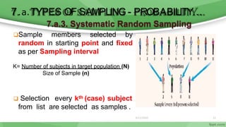 6/11/2020 21
7.a.TYPES OF SAMPLING - PROBABILITY…
7.a.3. Systematic Random Sampling
Sample members selected by
random in starting point and fixed
as per Sampling interval
K= Number of subjects in target population (N)
Size of Sample (n)
 Selection every kth (case) subject
from list are selected as samples .
 